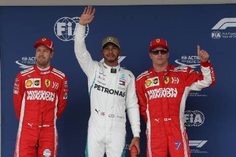 Photo4 LaPresse 20 10 2018 Austin, USA Grand Prix Formula One USA 2018 In the pic: Pole position Celebration: Lewis Hamilton (GBR) Mercedes AMG F1 W09 , Sebastian Vettel (GER) Scuderia Ferrari SF71H and Kimi Raikkonen (FIN) Scuderia Ferrari SF71H  Copyright: xPhoto4 LaPressex