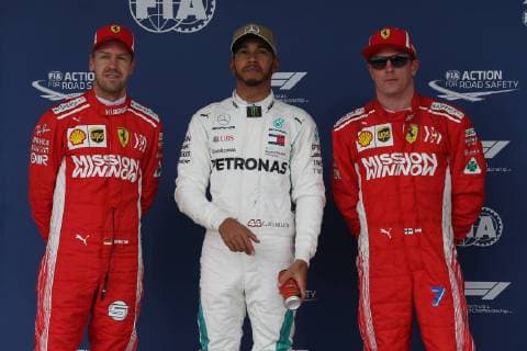 Photo4 LaPresse 20 10 2018 Austin, USA Grand Prix Formula One USA 2018 In the pic: Pole position Celebration: Lewis Hamilton (GBR) Mercedes AMG F1 W09 , Sebastian Vettel (GER) Scuderia Ferrari SF71H and Kimi Raikkonen (FIN) Scuderia Ferrari SF71H  Copyright: xPhoto4 LaPressex