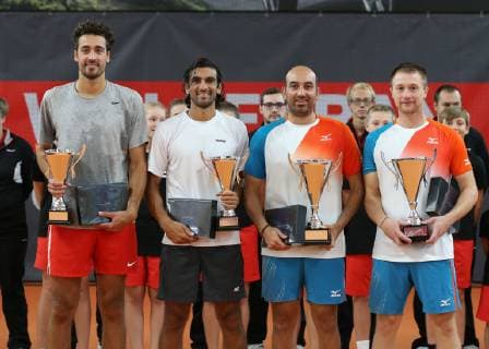 L-R. Finalisten Rameez Junaid David Pel und Sieger Purav Raja Antonio Sancic mit Pokal, Doppel, Siegerehrung, Praesentation Tennis - Wolffkran Open - ATP Tennis Herren Challenger - TC Ismaning - Ismaning - Bavaria - Germany - 21 October 2018. Â Copyright: xJuergenxHasenkopfx