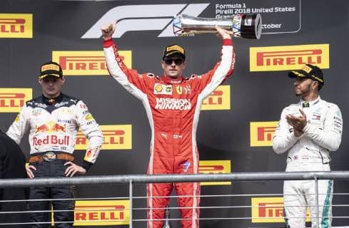October 21, 2018 - Austin, Texas, U.S - The Winner of F1 7 KIMI Râ‚¬IKK¦NEN Scuderia Ferrari 2nd Place 33 MAX VERSTAPPEN Austin Martin Red Bull Racing and 3rd place 44 LEWIS HAMILTON Mercedes AMG Petronas Motorsports F1 Pirelli United States Grand Prix - ZUMAm147 20181021_zap_m147_001 Copyright: xHossxMcBainx