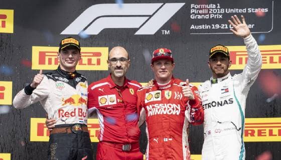 October 21, 2018 - Austin, Texas, U.S - The Winner of F1 7 KIMI Râ‚¬IKK¦NEN Scuderia Ferrari 2nd Place 33 MAX VERSTAPPEN Austin Martin Red Bull Racing and 3rd place 44 LEWIS HAMILTON Mercedes AMG Petronas Motorsports F1 Pirelli United States Grand Prix - ZUMAm147 20181021_zap_m147_003 Copyright: xHossxMcBainx