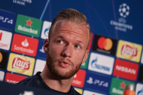 Kevin Vogt (Hoffenheim, 22), bei der Pressekonferenz, PK, press conference PK Pressekonferenz Pressetermin, Medientermin, Einzelbild, Aktion, Action, Fussball, UEFA Champions League, Pressekonferenz TSG 1899 Hoffenheim,