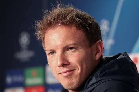 Julian Nagelsmann (Trainer, Cheftrainer, Hoffenheim), Einzelbild, Aktion, Action, Porträt, Portrait, bei der Pressekonferenz, PK, press conference PK Pressekonferenz Pressetermin, Medientermin, Freude, freundlich, fröhlich, strahlend, optimistisch, Fussball, UEFA Champions League, Pressekonferenz TSG 1899 Hoffenheim,