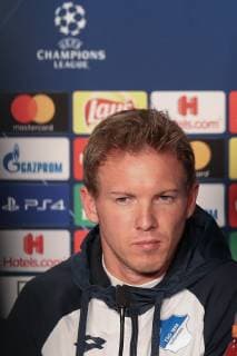 Julian Nagelsmann (Trainer, Cheftrainer, Hoffenheim), Einzelbild, Aktion, Action, bei der Pressekonferenz, PK, press conference PK Pressekonferenz Pressetermin, Medientermin, Porträt, Portrait, Fussball, UEFA Champions League, Pressekonferenz TSG 1899 Hoffenheim,