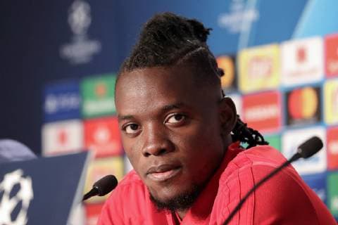 Fußball, CL, Olympique Lyon Pressekonferenz Bertrand Traore (Lyon, 10), bei der Pressekonferenz, PK, press conference PK Pressekonferenz Pressetermin, Medientermin, Einzelbild, Aktion, Action, Spielszene, Porträt, Portrait, Fussball, UEFA Champions League, Pressekonferenz Olympique Lyon,