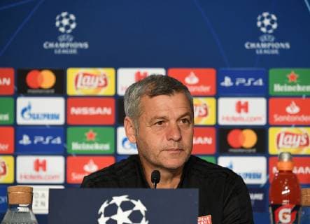 22.10.2018, xmeix, Fussball UEFA Champions League, Pressekonferenz Abschlusstraining TSG 1899 Hoffenheim - Olympique Lyon, emspor, v.l. Trainer Bruno Genesio (Olympique Lyon) DFL DFB REGULATIONS PROHIBIT ANY USE OF PHOTOGRAPHS as IMAGE SEQUENCES and or QUASI-VIDEO Sinsheim