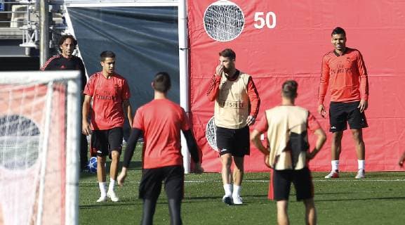Entrenamiento del Real Madrid en Valdebebas. En la imagen, Sergio Ramos y Reguilon.Real Madrid training session. In this picture, Sergio Ramos and Reguilon. 