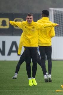 23.10.2018, xkvx, Fussball UEFA Champions League, Borussia Dortmund - Training emspor, v.l. Jacob Bruun Larsen (BVB Borussia Dortmund), Raphael Guerreiro (BVB Borussia Dortmund) (DFL DFB REGULATIONS PROHIBIT ANY USE OF PHOTOGRAPHS as IMAGE SEQUENCES and or QUASI-VIDEO) Dortmund