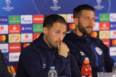 FC Schalke 04 Football Team Coach Domenico Tedesco and player Guido Burgstaller gives a press conference PK Pressekonferenz on the eve of the team s a day before their UEFA Champions League match against Galatasaray on October 23 , 2018 in Istanbul , Turkey. 