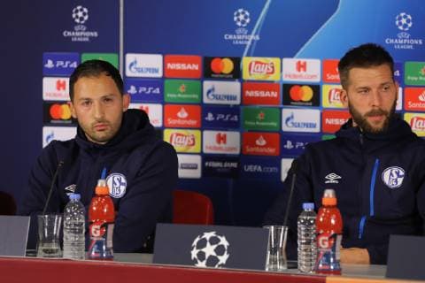FC Schalke 04 Football Team Coach Domenico Tedesco and player Guido Burgstaller gives a press conference PK Pressekonferenz on the eve of the team s a day before their UEFA Champions League match against Galatasaray on October 23 , 2018 in Istanbul , Turkey. 