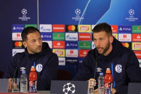 FC Schalke 04 Football Team Coach Domenico Tedesco and player Guido Burgstaller gives a press conference PK Pressekonferenz on the eve of the team s a day before their UEFA Champions League match against Galatasaray on October 23 , 2018 in Istanbul , Turkey. 