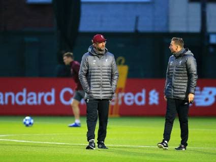 23rd October 2018, Melwood Training Complex, Liverpool, England; UEFA Champions League football, Liverpool versus Red Star Belgrade press conference PK Pressekonferenz Liverpool manager Jurgen Klopp chats with assistant Pepijn Linders  ActionPlus12072490 DavidxBlunsden
