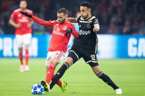 Rafa Silva of SL Benfica, Noussair Mazraoui of Ajax during the UEFA Champions League group E match between Ajax Amsterdam and SL Benfica at the Johan Cruijff Arena on October 23, 2018 in Amsterdam, The Netherlands UEFA Champions League 2018 2019 xVIxVIxImagesx xTomxBodexMultimediaxIVx 12540073