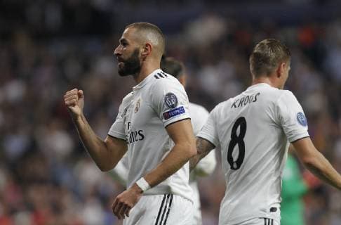 Soccer match between Real Madrid and Viktoria Plzen, of the Champions League 2018 2019, held at the Santiago Bernabeu stadium, in Madrid. (Photo: Jose Cuesta 261 Cordon Press). Karim Benzema celebrates after scoring