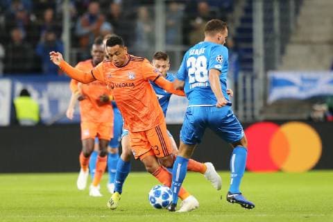 23.10.2018, xtvx, Fussball UEFA Champions League, TSG 1899 Hoffenheim - Olympique Lyon emspor, v.l. Zweikampf, Duell, duel, tackle, compete Kenny Tete (Olympique Lyon) Adam Szalai (TSG 1899 Hoffenheim) (DFL DFB REGULATIONS PROHIBIT ANY USE OF PHOTOGRAPHS as IMAGE SEQUENCES and or QUASI-VIDEO) Sinsheim