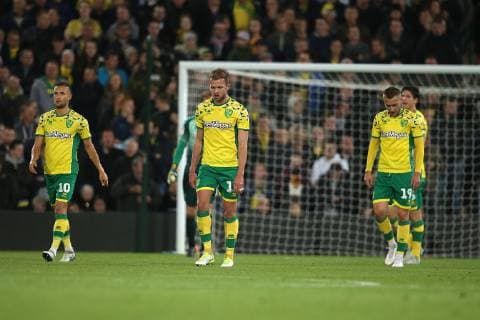 Norwich City v Aston Villa Sky Bet Championship The Norwich players look dejected after conceding their side?s 1st goal during the Sky Bet Championship match at Carrow Road, Norwich Content Not Available For UK Newspapers Copyright: xPaulxChestertonx FIL-12446-0002