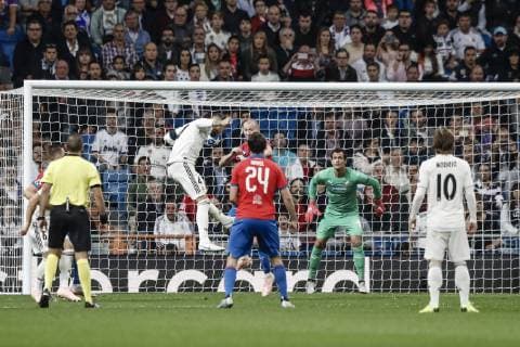 23rd October 2018, Santiago Bernabeu, Madrid, Spain; UEFA Champions League football, Real Madrid versus Viktoria Plzen; Sergio Ramos (Real Madrid) challenges for the header in the area  ActionPlus12072564 ShotxforxPress