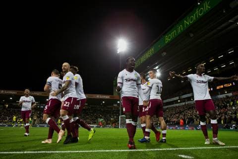 23rd October 2018, Carrow Road, Norwich, England; EFL Championship football, Norwich City versus Aston Villa; Albert Adomah of Aston Villa celebrates James Chester s goal as he makes it 0-1  ActionPlus12072581 ShaunxBrooks