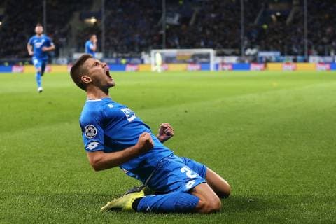 23.10.2018, xtvx, Fussball UEFA Champions League, TSG 1899 Hoffenheim - Olympique Lyon emspor, v.l. Goal scored, Tor zum 1:1 Andrej Kramaric (TSG 1899 Hoffenheim) Torjubel, Goal celebration, celebrate the goal, celebrates scoring (DFL DFB REGULATIONS PROHIBIT ANY USE OF PHOTOGRAPHS as IMAGE SEQUENCES and or QUASI-VIDEO) Sinsheim