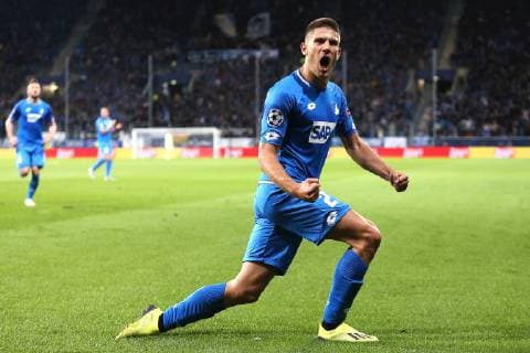 23.10.2018, xtvx, Fussball UEFA Champions League, TSG 1899 Hoffenheim - Olympique Lyon emspor, v.l. Goal scored, Tor zum 1:1 Andrej Kramaric (TSG 1899 Hoffenheim) Torjubel, Goal celebration, celebrate the goal, celebrates scoring (DFL DFB REGULATIONS PROHIBIT ANY USE OF PHOTOGRAPHS as IMAGE SEQUENCES and or QUASI-VIDEO) Sinsheim