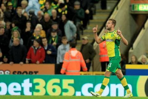 23rd October 2018, Carrow Road, Norwich, England; EFL Championship football, Norwich City versus Aston Villa; Jordan Rhodes of Norwich City celebrates as he scores making 2-1 in minute 73  ActionPlus12072650 ShaunxBrooks