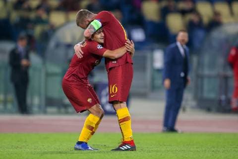 Sport Bilder des Tages 23rd October 2018, Stadio Olimpico, Rome, Italy; UEFA Champions League football, Roma versus CSKA Moscow; Cengiz Under of Roma celebrates with teammate Daniele De Rossi after scoring a goal for 3-0 in the 50th minute  ActionPlus12072656 GiampieroxSposito