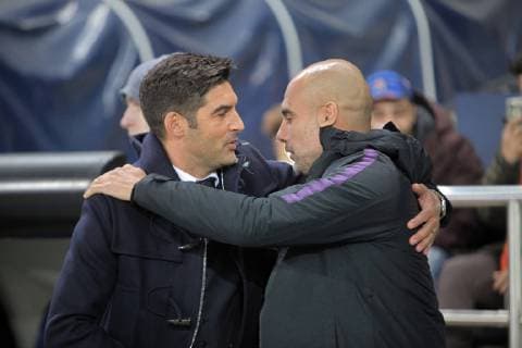 Head coach of FC Shakhtar Donetsk Paulo Fonseca (L) and head coach of Manchester City FC Josep Guardiola share an embrace before the UEFA Champions League Group F Matchday 3 game at the Metalist Stadium Regional Sports Complex, Kharkiv, northeastern Ukraine, October 23, 2018. Ukrinform. UCL: Shakhtar vs. Manchester City in Kharkiv  Copyright: xVyacheslavxMadiyevskyyx