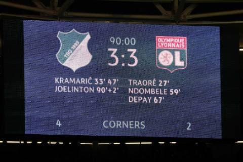 Die Anzeigetafel zeigt den Endstand: 3:3, Symbolfoto, Symbolbild, Symbol, Fussball, UEFA Champions League, TSG 1899 Hoffenheim - Olympique Lyon,