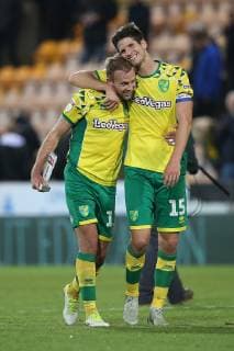 Norwich City v Aston Villa Sky Bet Championship Jordan Rhodes of Norwich and Timm Klose of Norwich celebrate victory together at the end of the Sky Bet Championship match at Carrow Road, Norwich Content Not Available For UK Newspapers Copyright: xPaulxChestertonx FIL-12446-0092