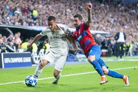Real Madrid Lucas Vazquez and FC Viktoria Plzen Milan Petrzela during UEFA Champions League match between Real Madrid and FC Viktoria Plzen at Santiago Bernabeu Stadium in Madrid, Spain. October 23, 2018.  (1808017)