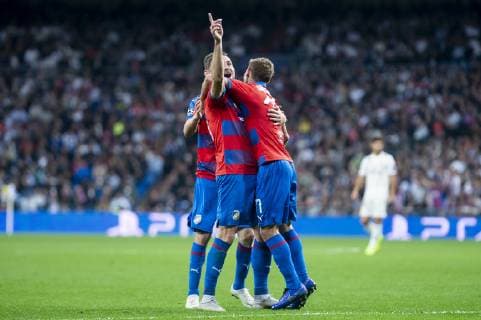 FC Viktoria Plzen Patrik Hrosovsky and Ales Cermak celebrating a goal during UEFA Champions League match between Real Madrid and FC Viktoria Plzen at Santiago Bernabeu Stadium in Madrid, Spain. October 23, 2018.  (2090035)