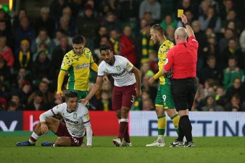 Norwich City v Aston Villa Sky Bet Championship Tom Trybull of Norwich gets a yellow card from Referee Simon Hooper for a foul on Jack Grealish of Aston Villa during the Sky Bet Championship match at Carrow Road, Norwich Content Not Available For UK Newspapers Copyright: xPaulxChestertonx FIL-12446-0137