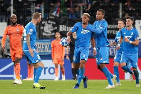 v.li.: Kevin Vogt (Hoffenheim, 22), Torschütze Joelinton Cassio Apolinario de Lira (Joelinton, Hoffenheim, 34), Kevin Akpoguma (Hoffenheim, 25), Nico Schulz (Hoffenheim, 16), Florian Grillitsch (Hoffenheim, 11), jubeln über das Tor zum 3:3, Jubel, Torjubel, Torerfolg, celebrate the goal, goal, celebration, Jubel ueber das Tor, optimistisch, Spielszene, Highlight, Action, Aktion, Fussball, UEFA Champions League, TSG 1899 Hoffenheim - Olympique Lyon,
