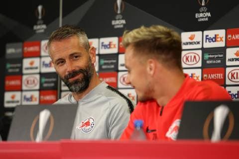SOCCER - UEFA EL, RBS vs Rosenborg SALZBURG,AUSTRIA,24.OCT.18 - SOCCER - UEFA Europa League, Red Bull Salzburg vs Rosenborg BK, press conference PK Pressekonferenz RBS. Image shows head coach Marco Rose and Fredrik Gulbrandsen (RBS). GEPAxpictures xMathiasxMandl