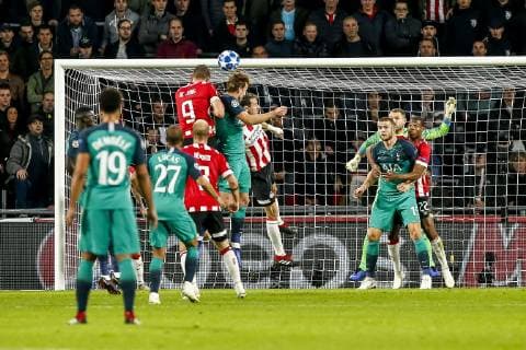 EINDHOVEN, Philips Stadium , 24-10-20-18, football, season 2018 2019 , Football Champions League , PSV - Tottenham Hotspur . (Left-right) PSV player Luuk de Jong , Tottenham Hotspur player Harry Kane , Tottenham Hotspur player Eric Dier , PSV player Denzel Dumfries . PSV - Tottenham Hotspur  x2563863x