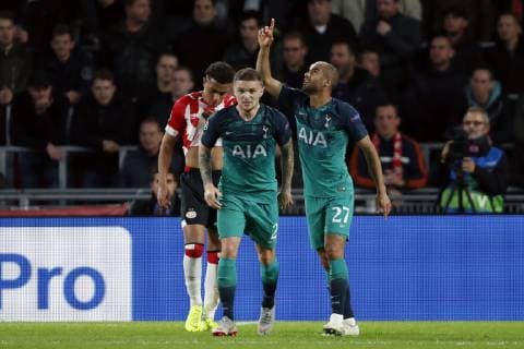 (l-r) Donyell Malen of PSV, Kieran Trippier of Tottenham Hotspur FC, Lucas of Tottenham Hotspur FC during the UEFA Champions League group C match between PSV Eindhoven and Tottenham Hotspur FC at the Phillips stadium on October 24, 2018 in Eindhoven, The Netherlands UEFA Champions League 2018 2019 xVIxVIxImagesx xMauricexvanxSteenxIVx 12548477