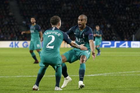 (L-R), Kieran Trippier of Tottenham Hotspur, Lucas of Tottenham Hotspur during the UEFA Champions League group C match between PSV Eindhoven and Tottenham Hotspur FC at the Phillips stadium on October 24, 2018 in Eindhoven, The Netherlands UEFA Champions League 2018 2019 xVIxVIxImagesx xJeroenxPutmansxIVx 12548499