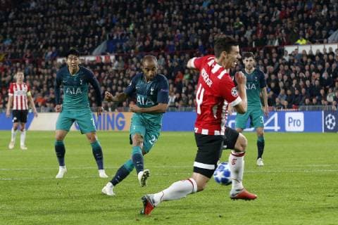 (L-R), Heung-Min Son of Tottenham Hotspur, Lucas of Tottenham Hotspur, Nick Viergever of PSV during the UEFA Champions League group C match between PSV Eindhoven and Tottenham Hotspur FC at the Phillips stadium on October 24, 2018 in Eindhoven, The Netherlands UEFA Champions League 2018 2019 xVIxVIxImagesx xJeroenxPutmansxIVx 12548581