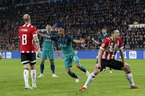 (L-R), Jorrit Hendrix of PSV, Heung-Min Son of Tottenham Hotspur, Lucas of Tottenham Hotspur, Nick Viergever of PSV during the UEFA Champions League group C match between PSV Eindhoven and Tottenham Hotspur FC at the Phillips stadium on October 24, 2018 in Eindhoven, The Netherlands UEFA Champions League 2018 2019 xVIxVIxImagesx xJeroenxPutmansxIVx 12548582