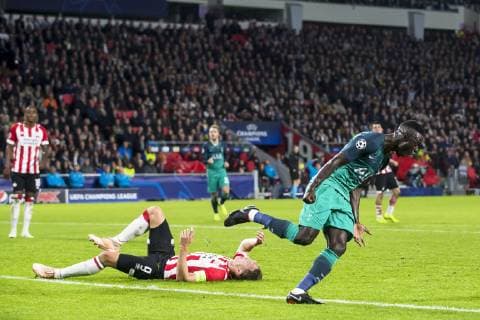 EINDHOVEN, PSV Eindhoven - Tottenham Hotspur FC, football, Champions League, season 2018-2019, 24-10-2018, Philips Stadium, Tottenham Hotspur player Davinson Sanchez (R) thins he scored but goal is disallowed, PSV player Daniel Schwaab (M) PSV - Tottenham Hotspur  x2564007x