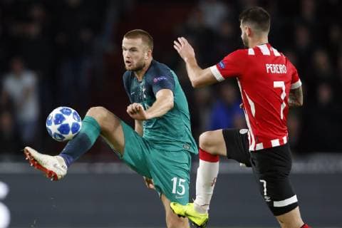 (l-r) Eric Dier of Tottenham Hotspur FC, Gaston Pereiro of PSV during the UEFA Champions League group C match between PSV Eindhoven and Tottenham Hotspur FC at the Phillips stadium on October 24, 2018 in Eindhoven, The Netherlands UEFA Champions League 2018 2019 xVIxVIxImagesx xMauricexvanxSteenxIVx 12548948