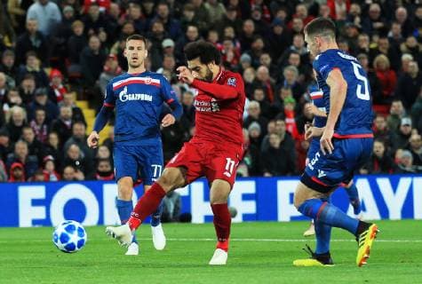 Liverpool s Mohamed Salah scores his teams second goal during the UEFA Champions League match at Anfield Stadium, Liverpool. Picture date 24th October 2018. Picture credit should read: Matt McNulty Sportimage EDITORIAL USE ONLY. No use with unauthorised audio, video, data, fixture lists, club league logos or live services. Online in-match use limited to 120 images, no video emulation. No use in betting, games or single club league player publications.