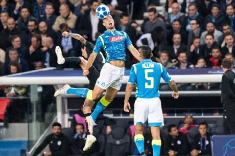 (L-R) Angel di Maria of Paris Saint-Germain, Nikola Maksimovic of SSC Napoli. Allan Marques Loureiro of SSC Napoli during the UEFA Champions League group C match between Paris St Germain and SSC Napoli at the Parc des Princes on October 24, 2018 in Paris, France UEFA Champions League 2018 2019 xVIxVIxImagesx xGerritxvanxKeulenxIVx 12549712