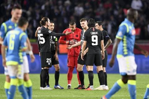 25 ADRIEN RABIOT (PSG) - 05 MARQUINHOS (PSG) - 12 THOMAS MEUNIER (PSG) - COLERE - DECEPTION FOOTBALL : Paris SG vs Naples - Ligue des Champions - 24 10 2018 AnthonyBIBARD FEP Panoramic 
