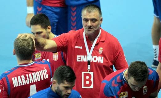 24.10.2018 Zrenjanin Serbia-Belgium EHF European qualifiers men s handball Nenad Perunicic(C)Serbia coach put hand on head of Filip Marjanovic(L) : 