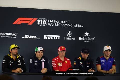 Photo4 LaPresse 25 10 2018 Mexico City,Mexico Grand Prix Formula One Mexico 2018 In the pic press conference PK Pressekonferenz Carlos Sainz Jr (ESP) Renault Sport F1 Team RS18 Sergio Perez (MEX) Racing Point Force India F1 VJM11 Kimi Raikkonen (FIN) Scuderia Ferrari SF71H Max Verstappen (NED) Red Bull Racing RB14 Pierre Gasly (FRA) Scuderia Toro Rosso STR13  Copyright: xPhoto4 LaPressex
