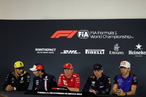 Photo4 LaPresse 25 10 2018 Mexico City,Mexico Grand Prix Formula One Mexico 2018 In the pic: press conference PK Pressekonferenz Carlos Sainz Jr (ESP) Renault Sport F1 Team RS18 Sergio Perez (MEX) Racing Point Force India F1 VJM11 Kimi Raikkonen (FIN) Scuderia Ferrari SF71H Max Verstappen (NED) Red Bull Racing RB14 Pierre Gasly (FRA) Scuderia Toro Rosso STR13  Copyright: xPhoto4 LaPressex