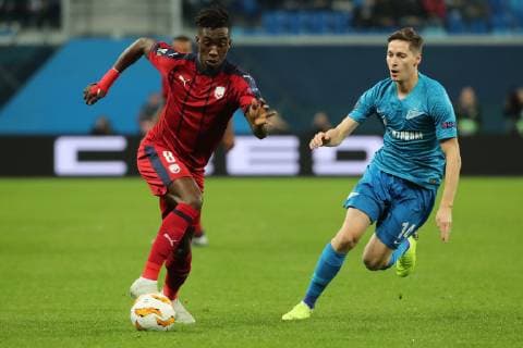 ST PETERSBURG, RUSSIA â€“ OCTOBER 25, 2018: FC Bordeaux s Yann Karamoh (L) and Zenit St Petersburg s Daler Kuzyayev in action in their 2018 19 UEFA Europa League Group C Round 3 football match against at Saint Petersburg Stadium. Alexander Demianchuk TASS  TS095389