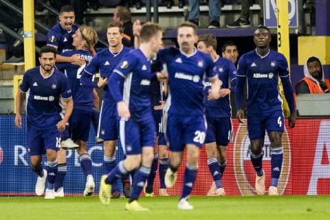 4Anderlecht s Zakaria Bakkali (2L) celebrates with his teammates after scoring during the match between Belgian soccer team RSC Anderlecht and Turkish team Fenerbahce, Thursday 25 October 2018 in Anderlecht on the third day of the UEFA Europa League group stage, in group D. JASPERxJACOBS  x05455070x