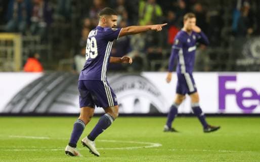 Anderlecht s Zakaria Bakkali celebrates after scoring during the match between Belgian soccer team RSC Anderlecht and Turkish team Fenerbahce, Thursday 25 October 2018 in Anderlecht on the third day of the UEFA Europa League group stage, in group D. VIRGINIExLEFOUR  x05455080x